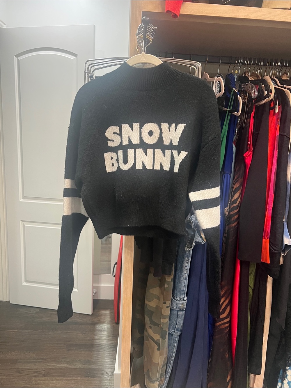 Fashion Nova Black & White 'Snow Bunny' Cropped Knit Sweater
